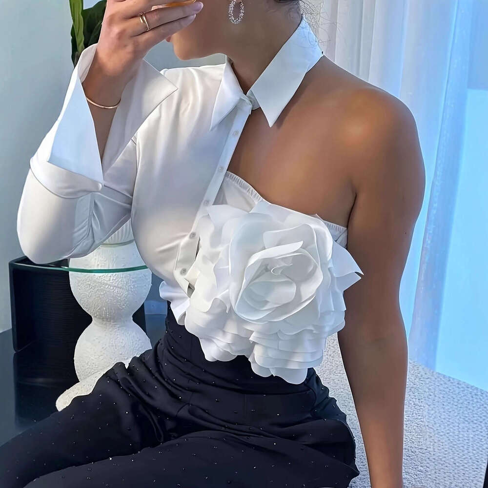 Off Shoulder Exposed Skin White Blouse, 3D Big Flower Decor Shirt Top, Elegant Chic Versatile Casual Party Women Fashion Outfit MAKOUFEI