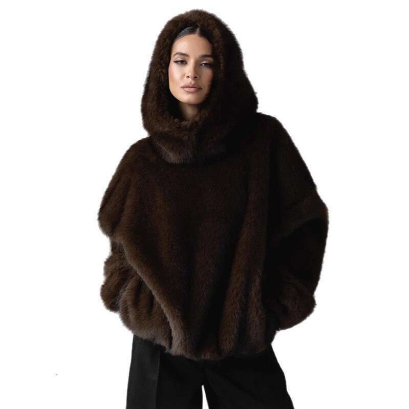 Cross Border European American Women Clothing Winter New Faux Fox Fur Coat, Loose Hooded Plush Outerwear, Warm Luxury Eco Friendly Casual Streetwear T