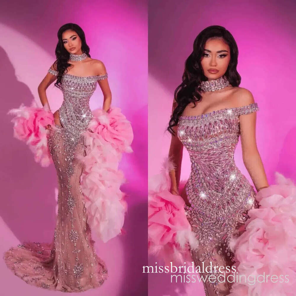 Glamorous Off Shoulder Evening Dresses Crystal Illusion Prom Dress Feather Ruffle Shawl Customized Party Gowns Vestidos De Noche Plus Size Mb423
