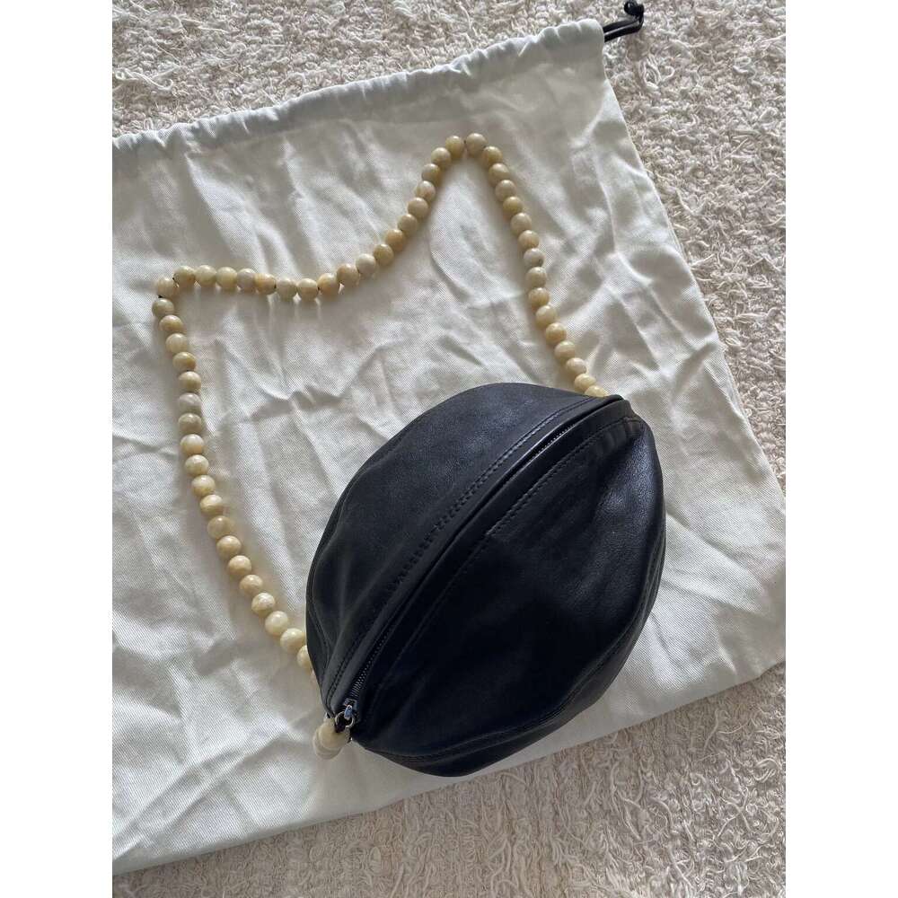 Women Niche Sheepskin Underarm Shoulder Bag, Luxury Beaded Chain Ball Design, Genuine Leather Football Shaped Handbag, Fashion Daily Streetwear Purse 