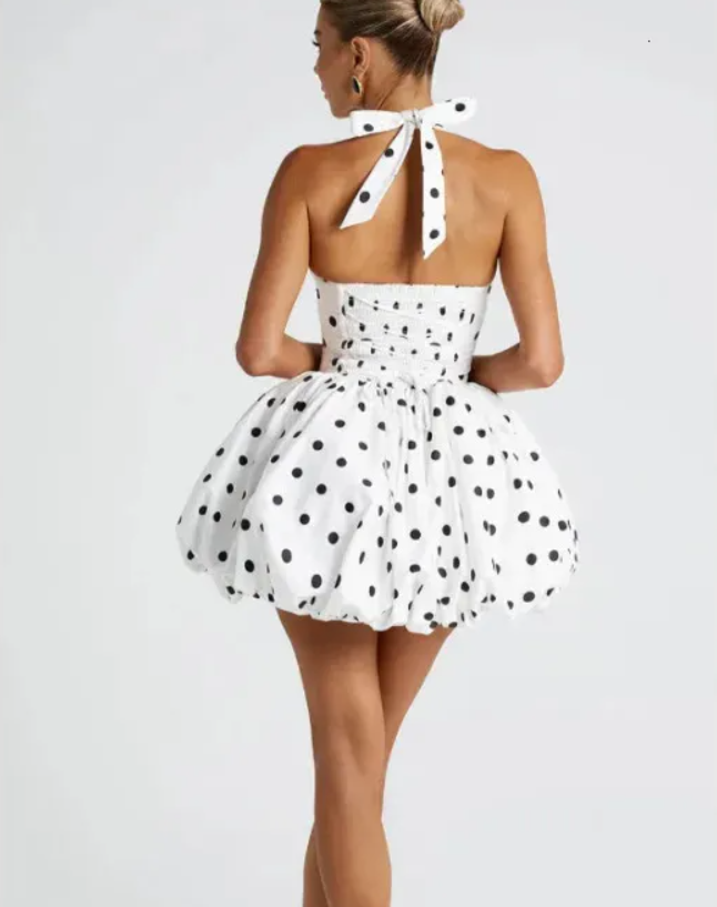 Ladies white polka-dot halter bubble mini dress back lace-up pleated hip-hugging dress perfect for summer evening wear 260421