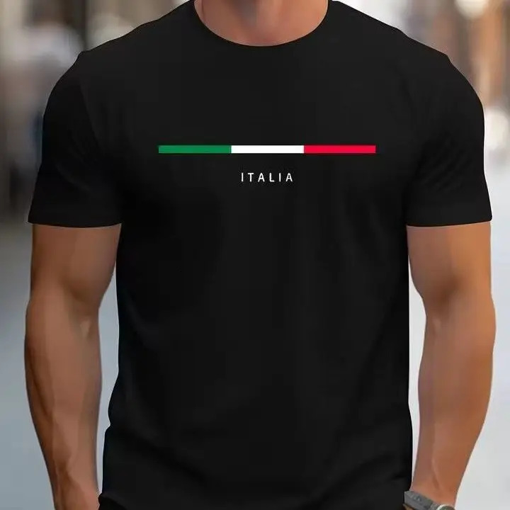 2026 Mens Summer Fashion Casual Loose Largesized Italian Patterned Printed Sports Roundneck Shortsleeved Tshirt Top 260421