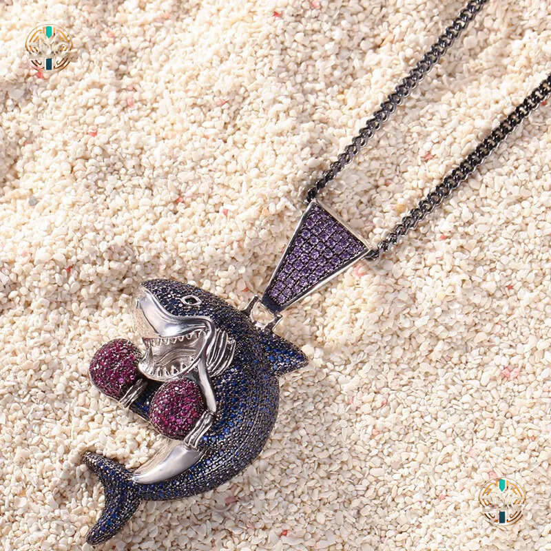 Iced Out Boxing Shark Pendant Necklace Fashion Mens Hip Hop Jewelry Gold Silver Cuban Chain Necklaces
