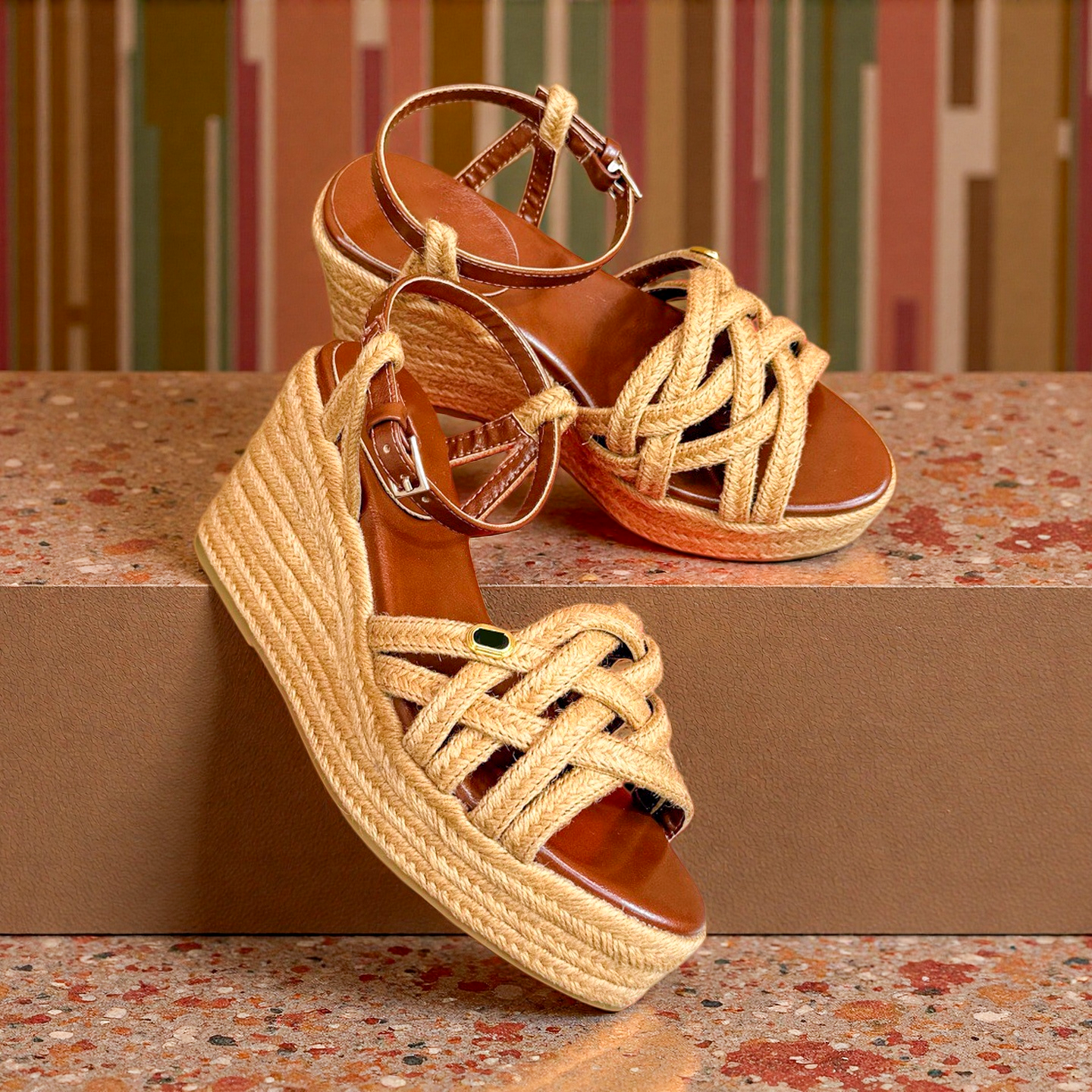 Mirror quality Vlogo Raffia platform wedge Designer sandal summer beach shoe woman 2026 new Luxury slide weave Leather sandale stripe denim slipper casual mule shoe