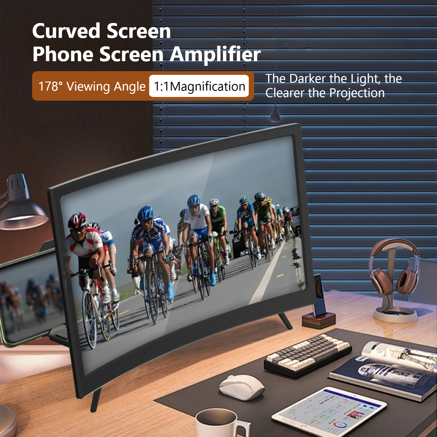Curved Screen Magnifier for Smartphone, 3D HD Movie Projector with Anti-Blue Light Eye Protection, Foldable Desktop Stand for iPhone/Samsung