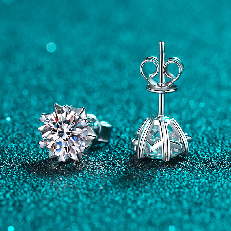 Moissanite Stud Earrings 925 Sterling Silver Snowflake Design Perfect Cut Hypoallergenic Unisex