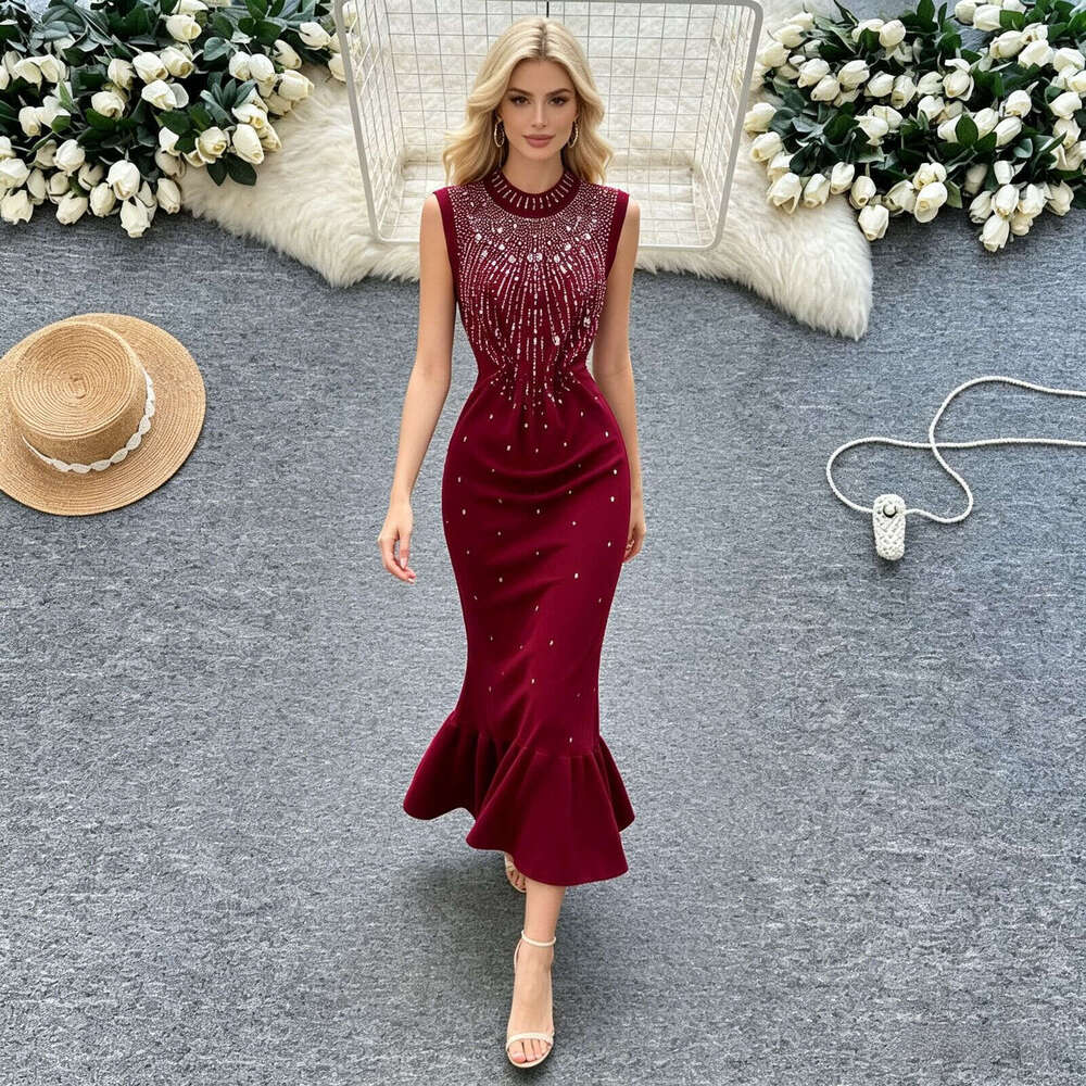 Summer k30 rhinestone decorated semi high neck fishtail FC 2026 new slim fit sleeveless knitted dress