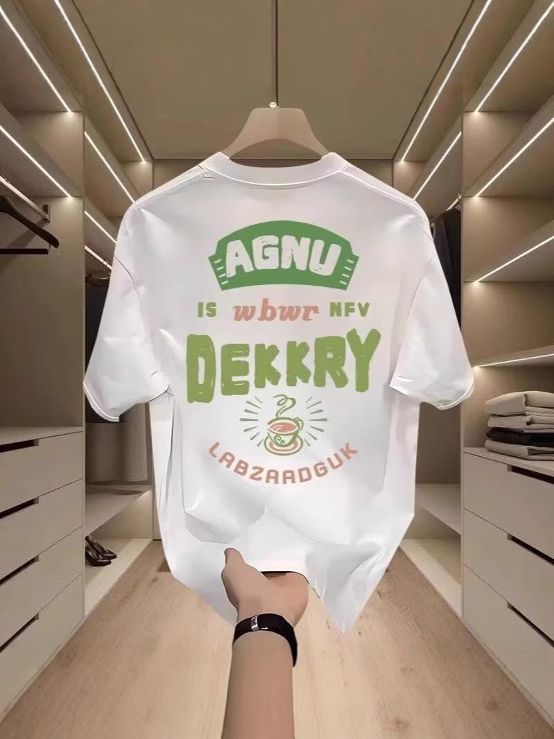 Premium Black Men's Short-Sleeve T-Shirts, 2026 Summer New Arrivals, Letter Print Casual Loose Crew Neck Tops for Men