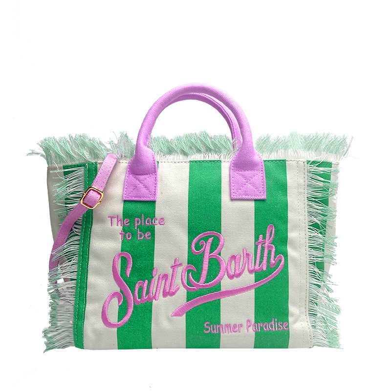 Fashionable Embroidered Letter Tassel Canvas Handbag Summer Beach Womens Bag Large Capacity Commuting Handbag Shopping Bag 240907