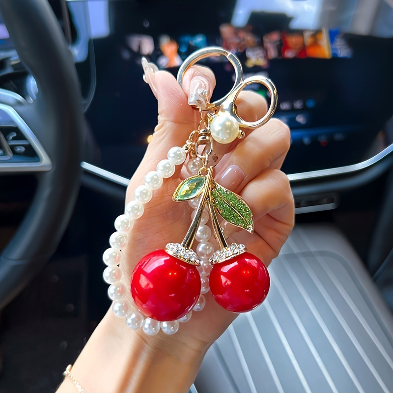 Style Pearl Jewelry Cherry Metal Keychain Car Bag Pendant Women's Bag Keychain Exquisite