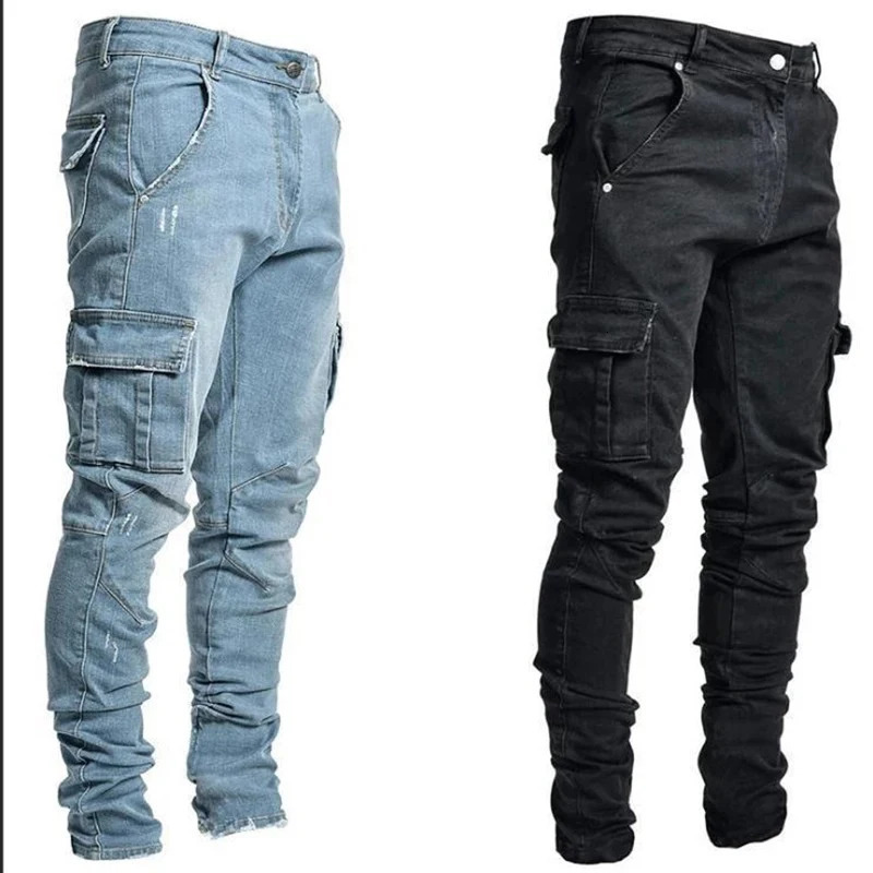 Men Street Elastic Denim Jeans Wash Solid Color Multi Pockets Cargo Pants Casual Slim Fit Daily Wear Joggers Mid Waist Trousers 260422