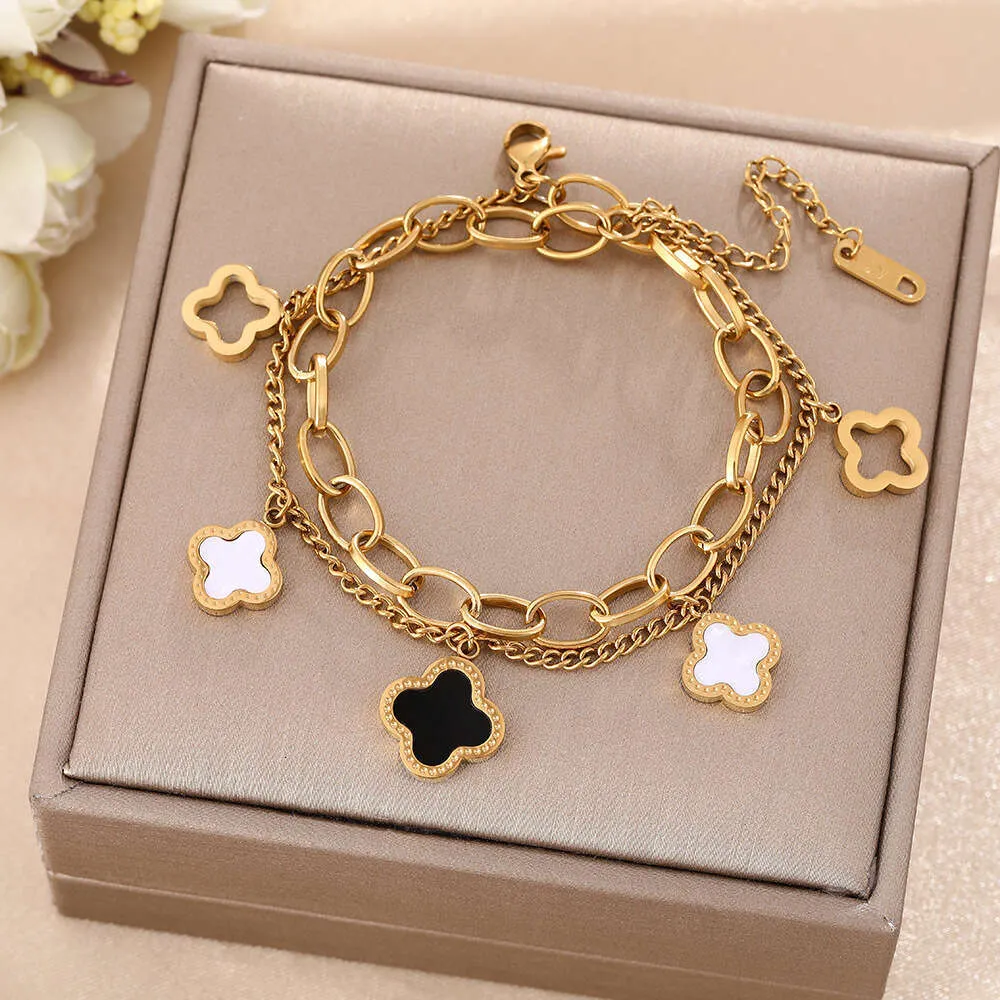 Ladies Luxury Designer Four Leaf Clover Double Layer Bracelet 18K Gold Silver Plated Agate Diamond Fashion Charm Chain Wedding Party Original Gift