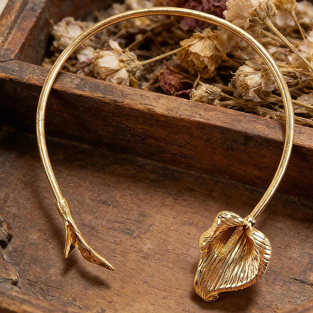 Gold-Tone Calla Lily Jewelry Set - Open Cuff Choker Adjustable Ring Bracelet - Floral Botanical Statement Accessory for Women 260421 - view 7