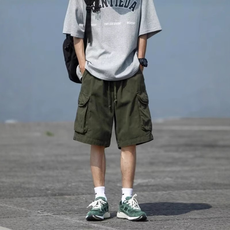 Summer Mens Workwear Shorts Simple American Style Retro Solid Color Loose Creativity Pockets Versatile Casual Daily Shorts 240809