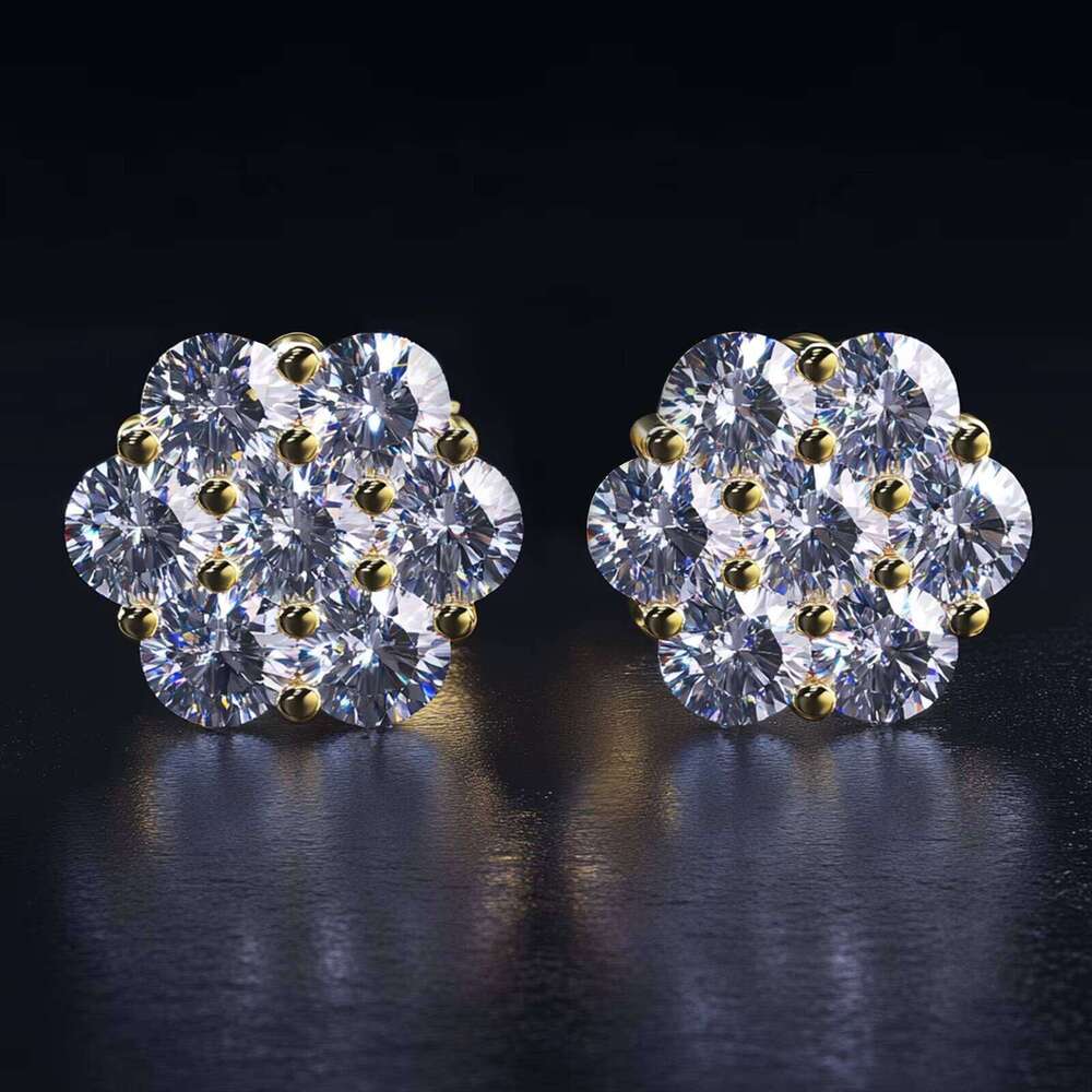 14K White Gold Plated 925 Sterling Silver Women Men Iced Out Round Flower Cluster Hypoallergenic Hip Hop Moissanite Stud Earring - view 5