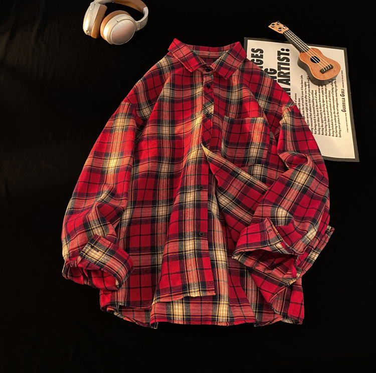 Men's Oversized Plaid Flannel Shirt, Long-Sleeve Casual Shirt Jacket with Flare Sleeves, Lycra Fabric, V-Neck, Covered Buttons, Multicolor Pattern, Ca - view 7