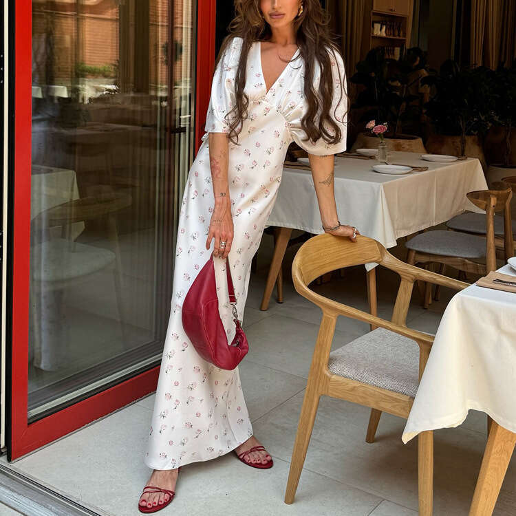 European American Women V Neck Bodycon Dress, Spring Summer New Printed Long Dress, High Waist Short Sleeve, Elegant Casual Streetwear Sundress MAKOUF