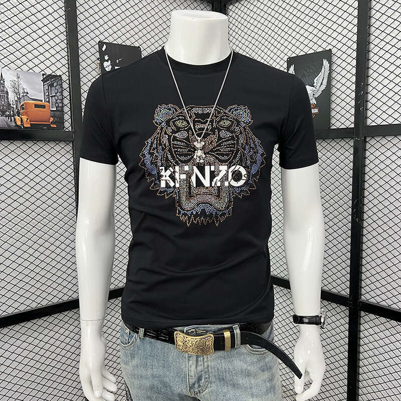 Heavy-Duty Colorful Rhinestone Tiger Head Short-Sleeve T-Shirt, New Summer Product, Personalized, Stylish, Slim-Fit, Round-Neck, Half-Sleeve Top