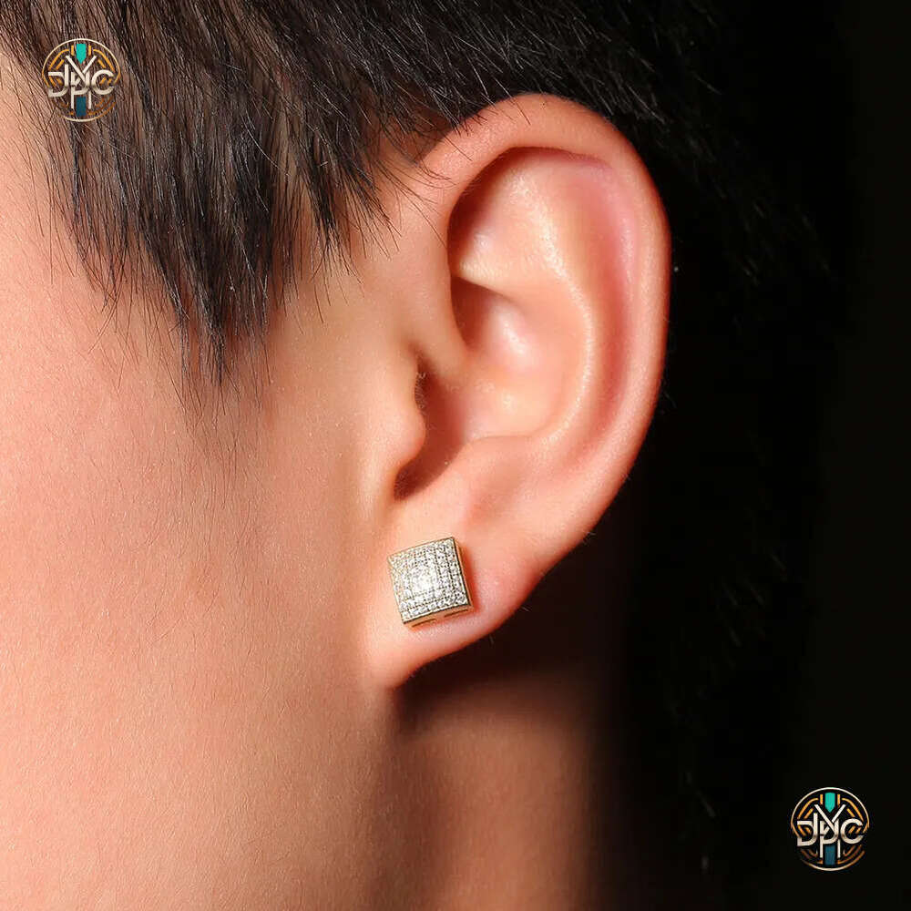 Mens Hip Hop Stud Jewelry Fashion Gold Square Simulated Diamond 925 Silver Earrings 8mm