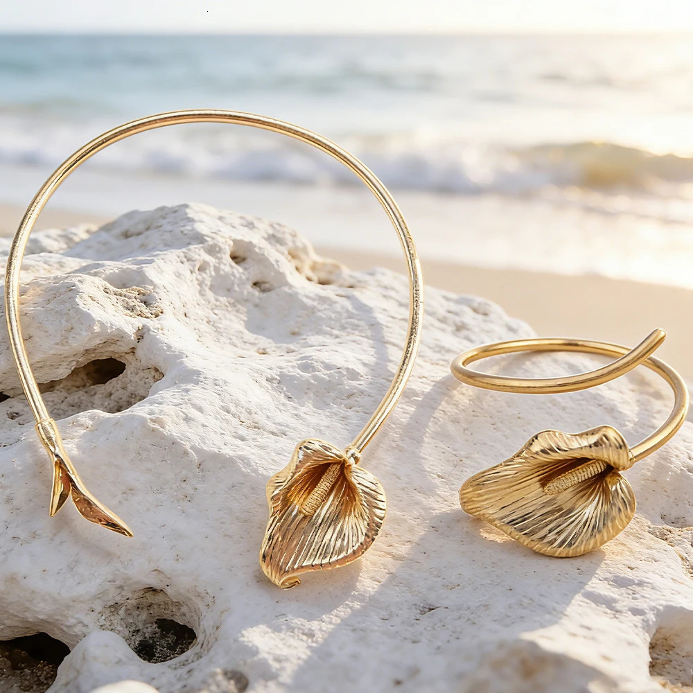Gold-Tone Calla Lily Jewelry Set - Open Cuff Choker Adjustable Ring Bracelet - Floral Botanical Statement Accessory for Women 260421 - view 3