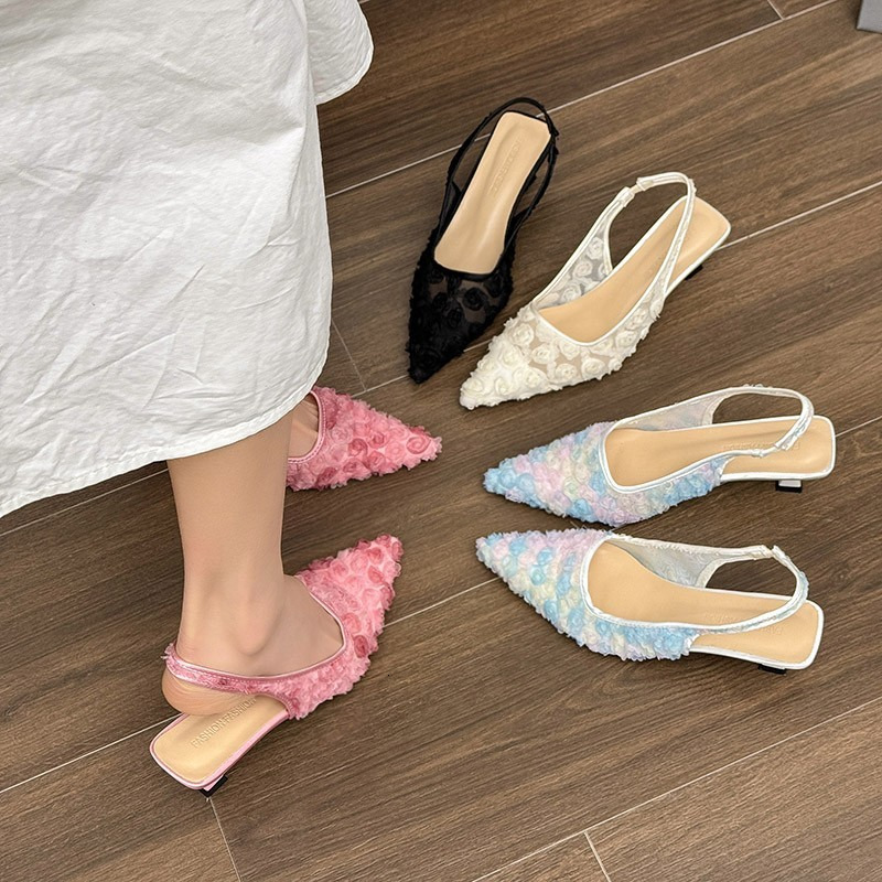 Summer mesh flower beads women slides sexy thin heel sandals ddmypanda