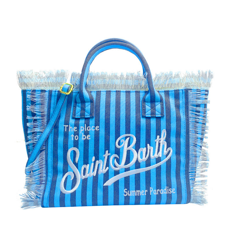 Fashionable Embroidered Letter Tassel Canvas Handbag Summer Beach Womens Bag Large Capacity Commuting Handbag Shopping Bag 240907