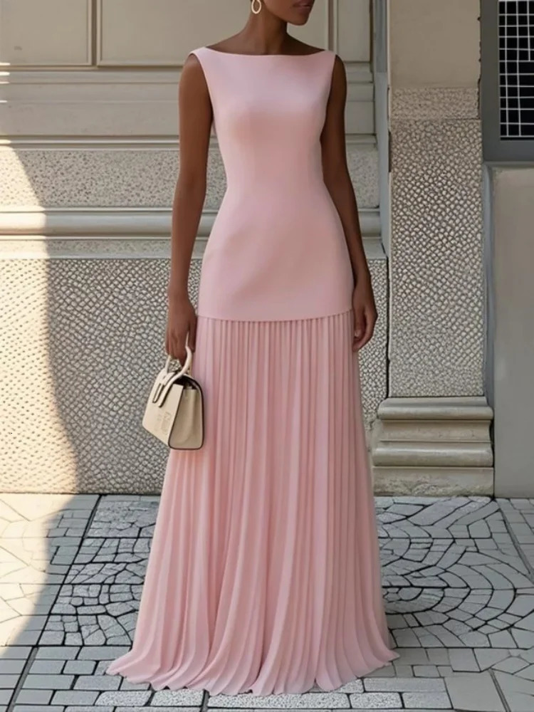 Two-piece Set Women Elegant Solid Splice Pleated Skirts Set Sexy Slash Neck Sleeveless Tank Hollow Slim Maxi Skirts 260420