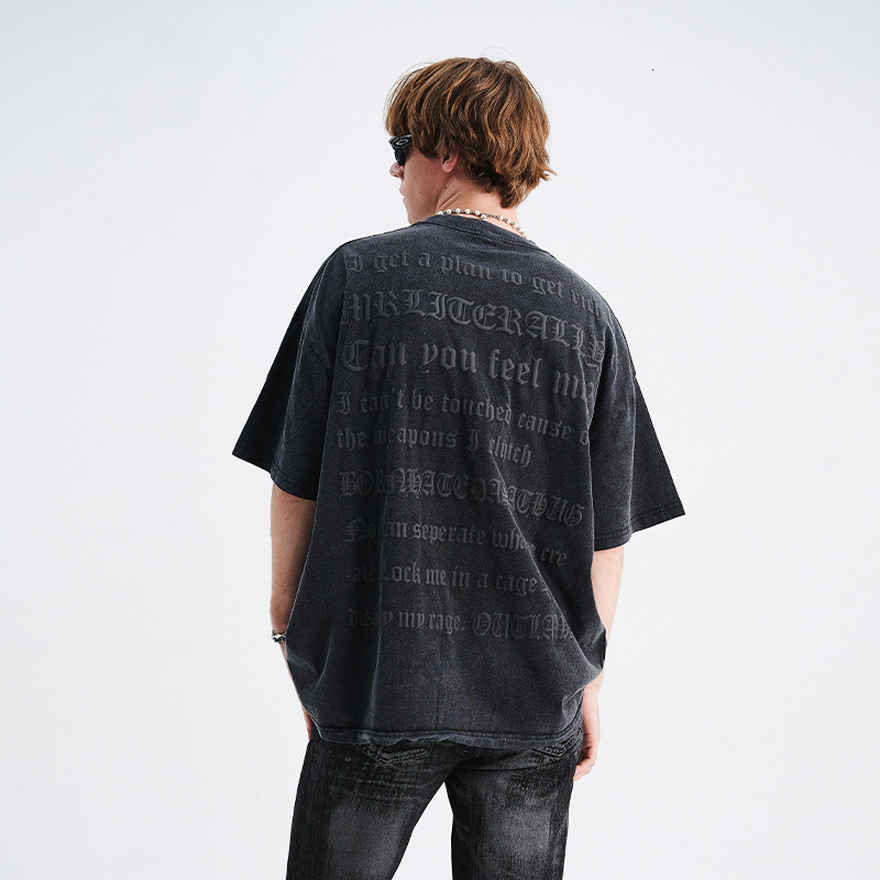 LawFoo Original Summer New Men's Fashion Brand Washed Gothic Letter Foam Print Short Sleeve T-Shirt for Men