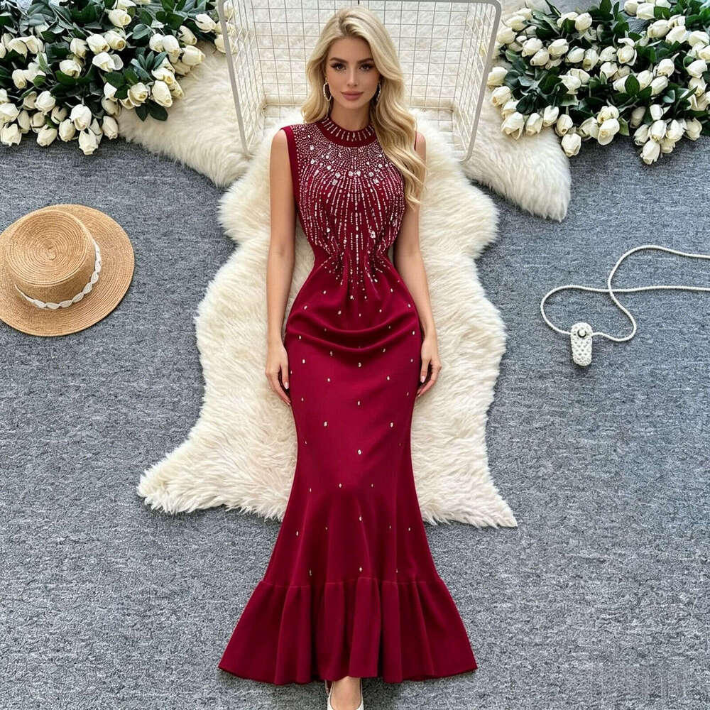 Summer k30 rhinestone decorated semi high neck fishtail FC 2026 new slim fit sleeveless knitted dress