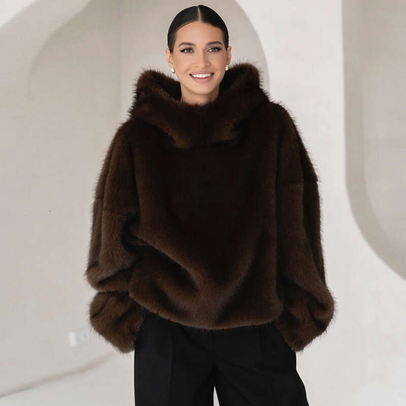 Cross Border European American Women Clothing Winter New Faux Fox Fur Coat, Loose Hooded Plush Outerwear, Warm Luxury Eco Friendly Casual Streetwear T