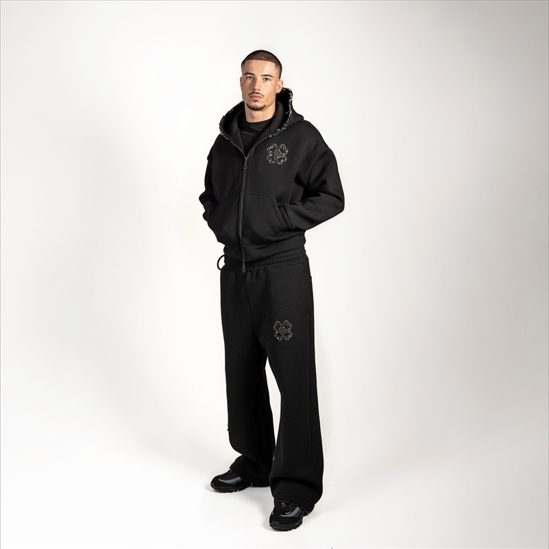 Mens Y2K Oversized Streetwear Tracksuit Set, Acrylic Zip-Up Hoodie with Four-Leaf Clover Graphic, Multi-Color Green and Grey Two-Piece Clover Zip Hood - view 5