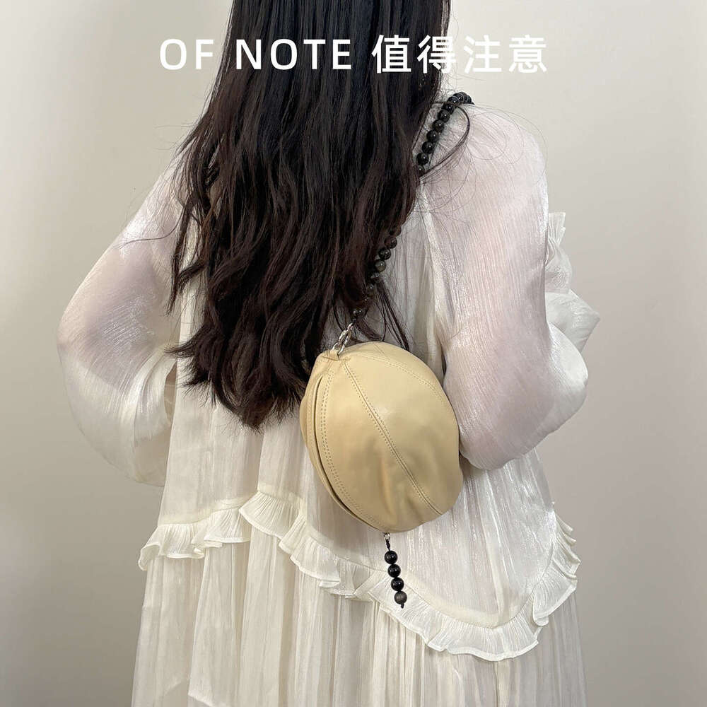 Women Niche Sheepskin Underarm Shoulder Bag, Luxury Beaded Chain Ball Design, Genuine Leather Football Shaped Handbag, Fashion Daily Streetwear Purse 