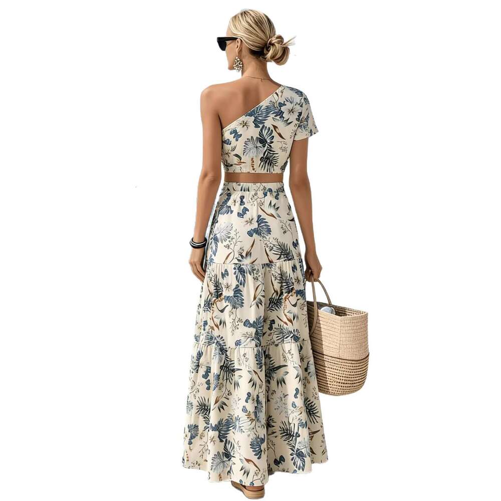 Women Spring Summer Two Piece Outfit, Elegant Printed Asymmetrical Neck T-shirt and Skirt Set, Bohemian Holiday Beach Casual Party Streetwear Dress MA