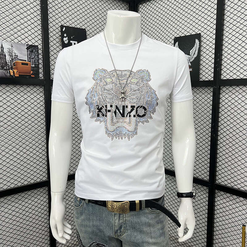 Heavy-Duty Colorful Rhinestone Tiger Head Short-Sleeve T-Shirt, New Summer Product, Personalized, Stylish, Slim-Fit, Round-Neck, Half-Sleeve Top