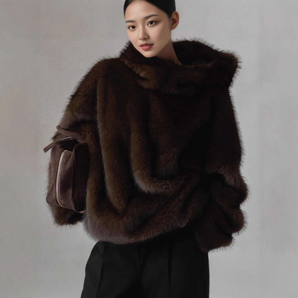 Cross Border European American Women Clothing Winter New Faux Fox Fur Coat, Loose Hooded Plush Outerwear, Warm Luxury Eco Friendly Casual Streetwear T