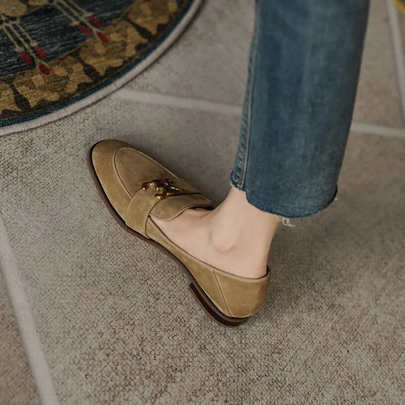 designer casual shoes Khaki French Retro British Style Small Flat Loafers Single Spring and Spring Soft Leather Women's Shoes