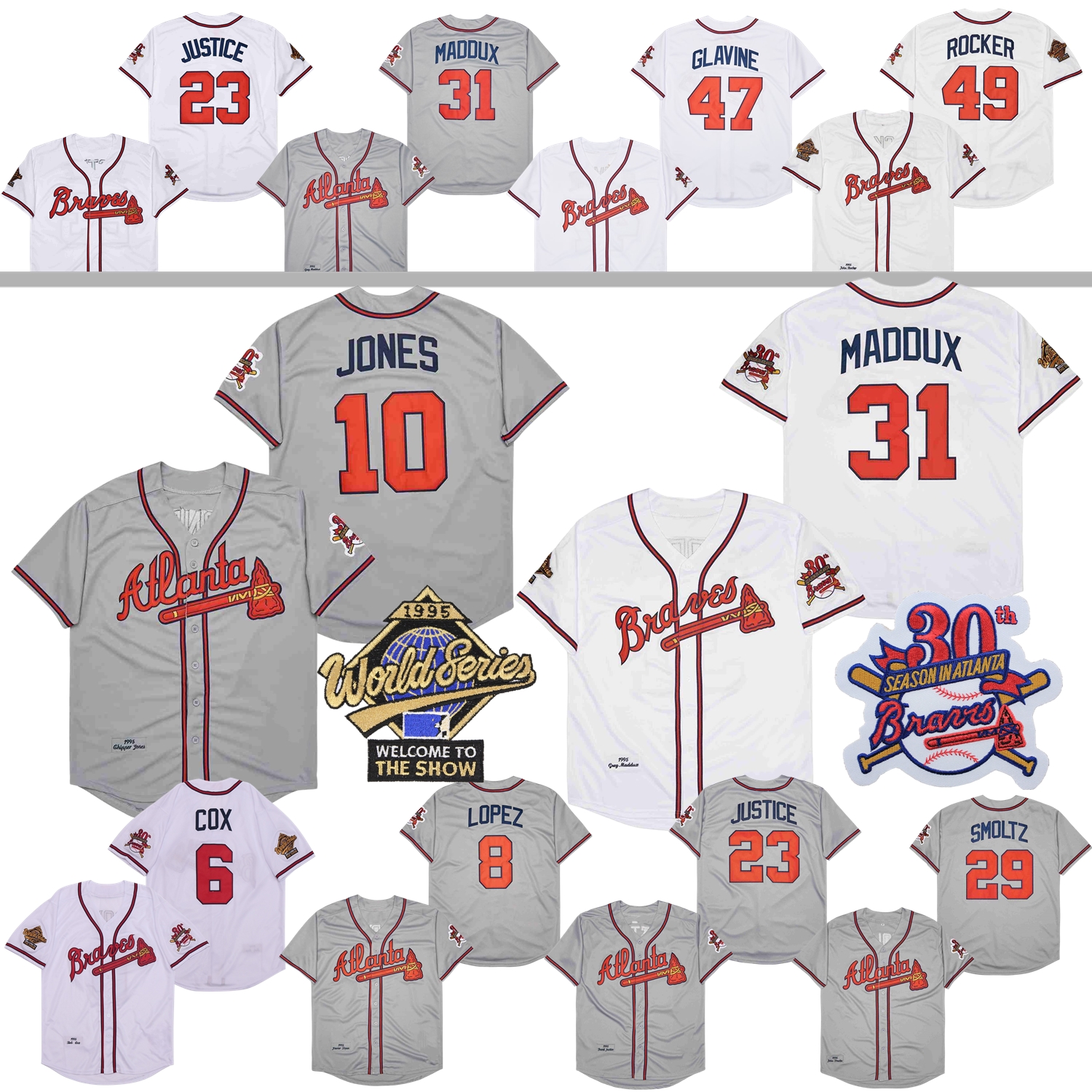 1995 World Series Jersey Vintage Bobby Cox Javy Lopez Chipper Jones David Justice John Smoltz Tom Glavine John Rocker Maddux White Grey Size S-3XL
