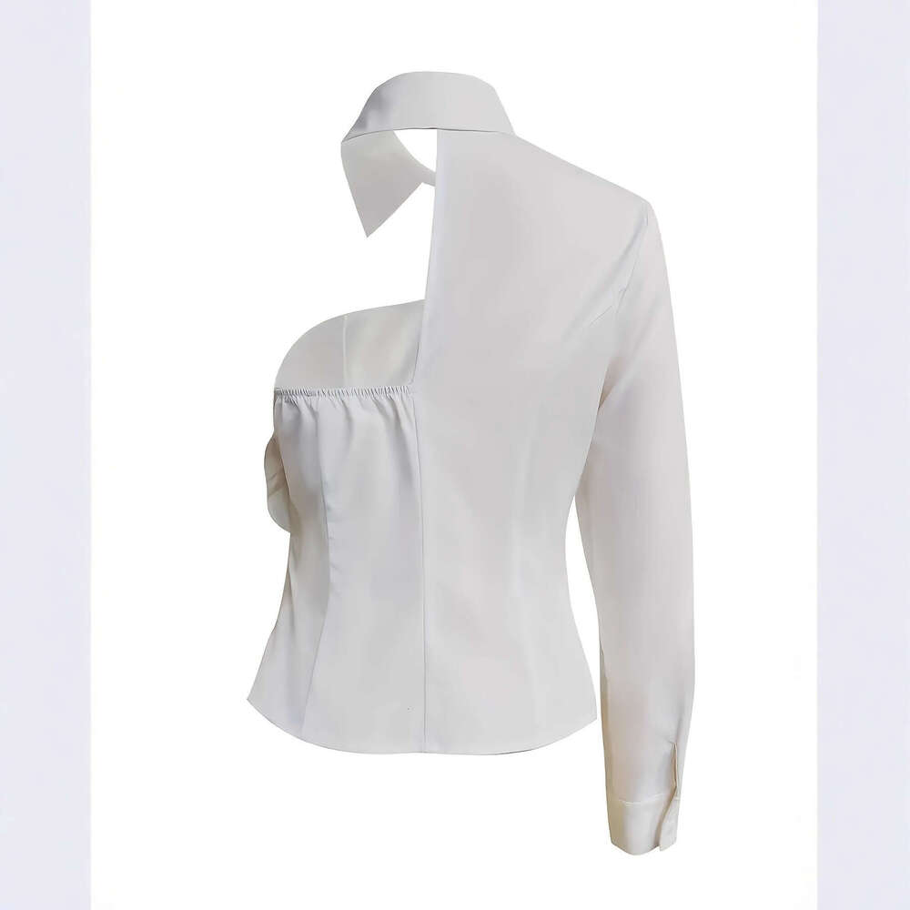 Off Shoulder Exposed Skin White Blouse, 3D Big Flower Decor Shirt Top, Elegant Chic Versatile Casual Party Women Fashion Outfit MAKOUFEI
