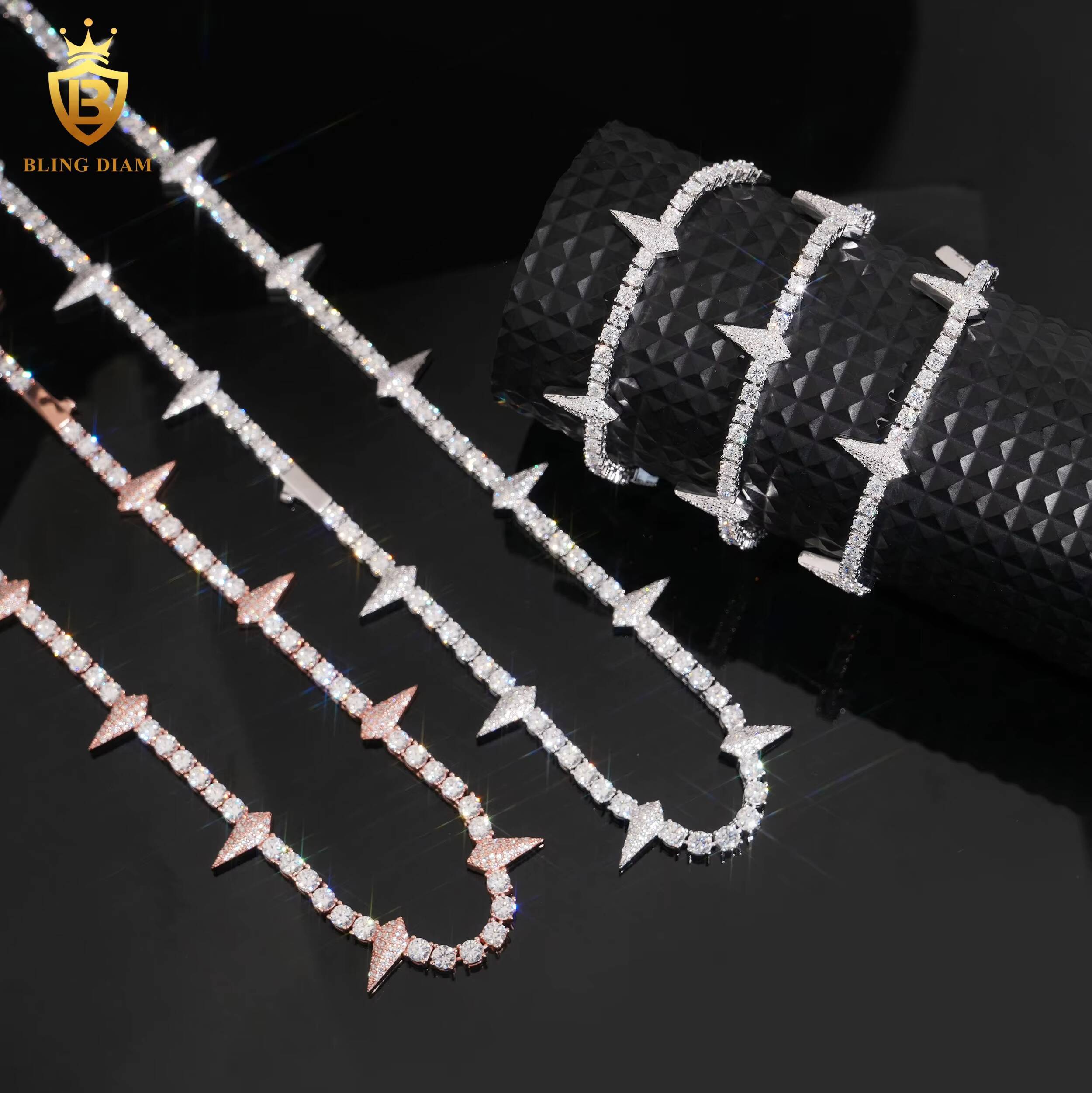 New 4mm Tennis Chain Necklace with Thorns 925 Sterling Silver Chain Round Brilliant VVS Moissanite Fine Jewelry Necklaces Women