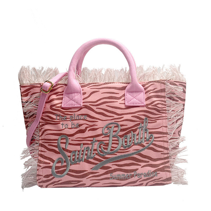 Fashionable Embroidered Letter Tassel Canvas Handbag Summer Beach Womens Bag Large Capacity Commuting Handbag Shopping Bag 240907