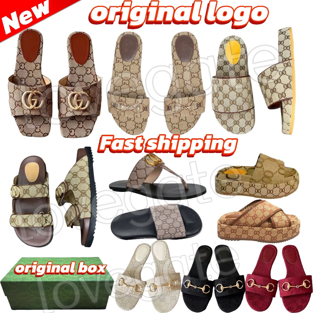 guccii sandal women original logo GG designer sandals women with box luxury sandals Platform Multi color Embroidered Canvas metal buckle gucci sandals Flip Flops