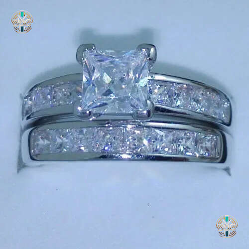 Luxury Size 5/6/7/8/9/10 Jewelry 10kt white gold filled Topaz Princess cut simulated Diamond Wedding Ring set gift with box