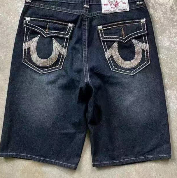 American Retro Trendy Buddha Statue Denim Shorts Y2K Baggy Pocket Embroidery Jeans Gym Short Men Women Hip Hop Blue Shorts 250325