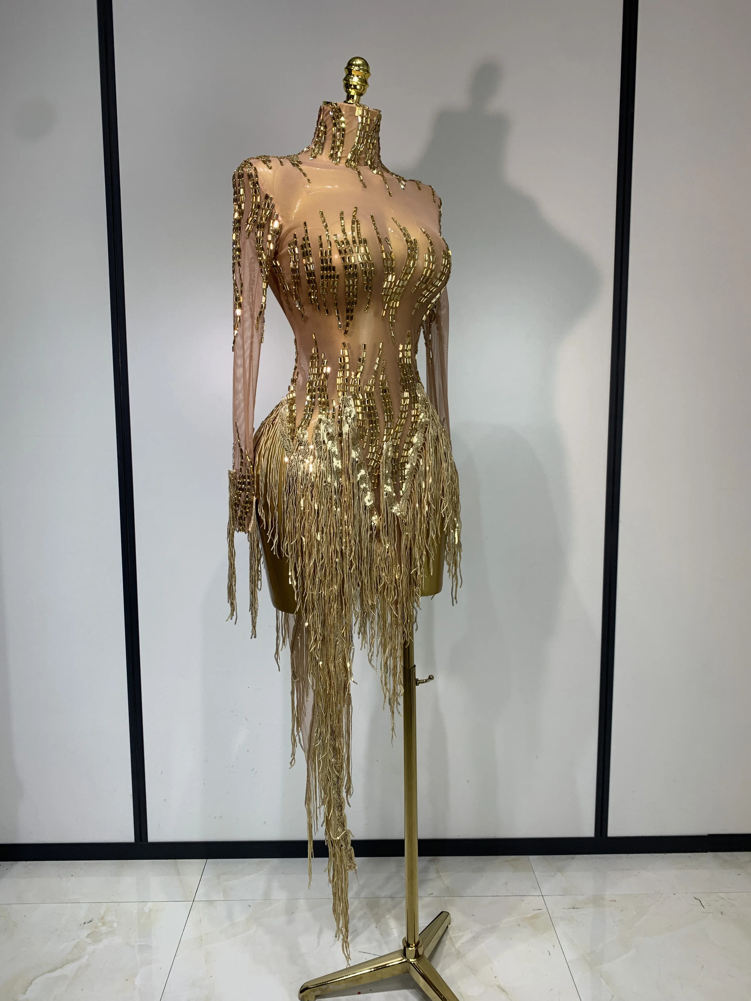 Sexy Stage Costume Sparkly Rhinestone Golden Tassel Mesh Dress Evening Party Birthday Nightclub Bar DJ Dancer Outfit 260420 - view 3