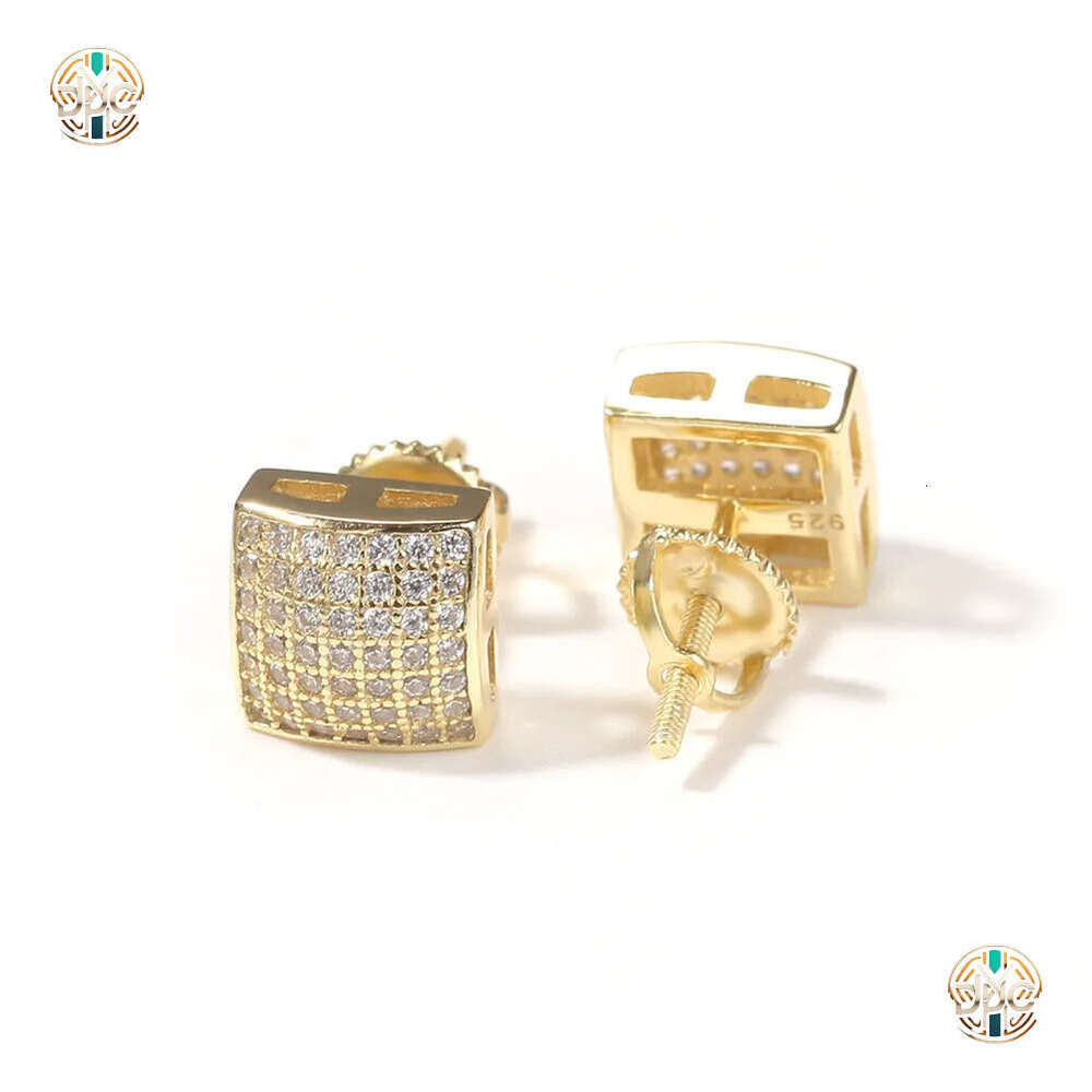 Mens Hip Hop Stud Jewelry Fashion Gold Square Simulated Diamond 925 Silver Earrings 8mm