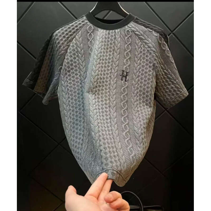 Men's Summer New Textured Knit T Shirt With Embroidery Crew Neck Short Sleeve Top Lightweight Breathable Casual Versatile Daily Wear Comfortable 