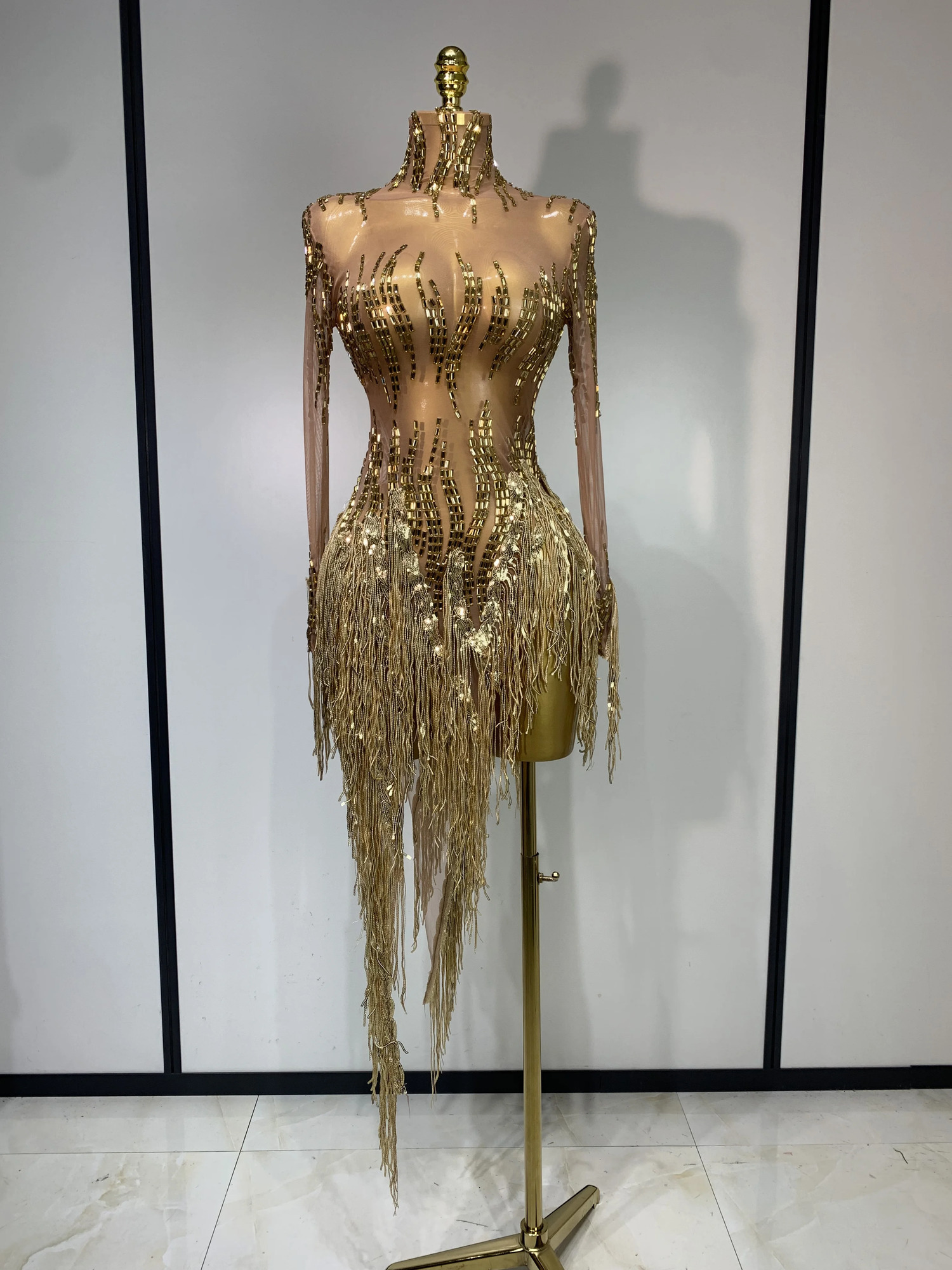 Sexy Stage Costume Sparkly Rhinestone Golden Tassel Mesh Dress Evening Party Birthday Nightclub Bar DJ Dancer Outfit 260420