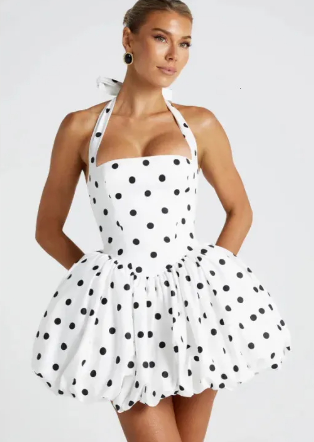 Ladies white polka-dot halter bubble mini dress back lace-up pleated hip-hugging dress perfect for summer evening wear 260421