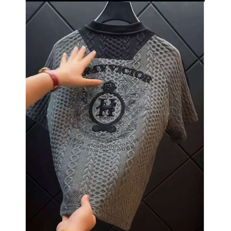 Men's Summer New Textured Knit T Shirt With Embroidery Crew Neck Short Sleeve Top Lightweight Breathable Casual Versatile Daily Wear Comfortable 