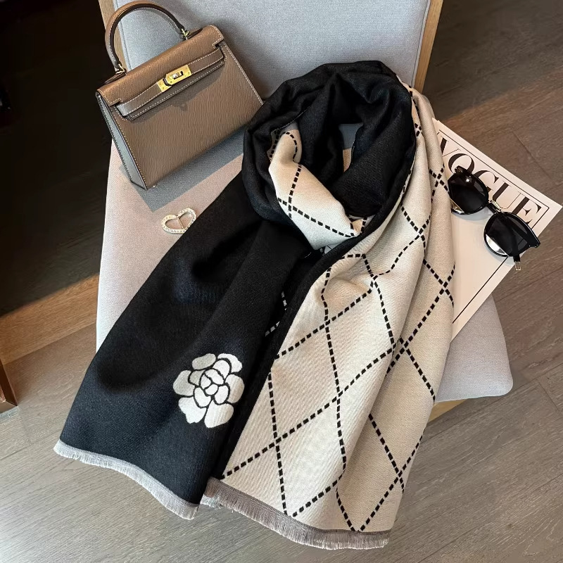 Designer Scarf - Luxurious Women's Wrap - Exquisite Rose Pattern Scarf - Black and White Color Scheme - Women's Neck Warming Accessory